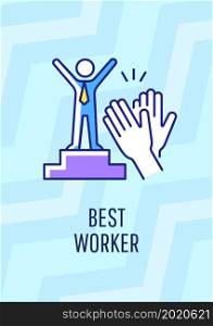 Best worker greeting card with color icon element. Motivational reward to best employee. Postcard vector design. Decorative flyer with creative illustration. Notecard with congratulatory message. Best worker greeting card with color icon element