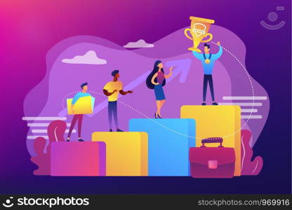 Best worker, specialist. Event sponsorship. Employee victory. Branded competition, marketing competitive event, contests organized by brand concept. Bright vibrant violet vector isolated illustration. Branded competition concept vector illustration