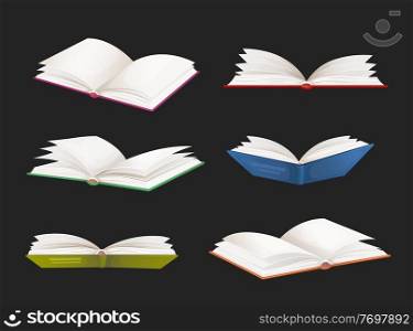 Bestseller books, school textbooks vector set. Cartoon open dictionaries, literature novels, fairytales or verses in books with colorful covers and white pages. Isolated objects on black background. Bestseller books, school textbooks vector set