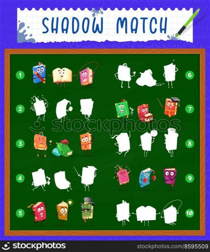 Bestseller books, textbooks cartoon characters, shadow match game, vector worksheet. Puzzle riddle to find correct shadow of cartoon book teacher or schoolbook with bookmark in graduation hat. Bestseller books, textbooks, shadow match game