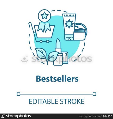 Bestsellers, recommended cosmetics, beauty products concept icon. Makeup and skin care, merchandise promotion idea thin line illustration. Vector isolated outline RGB color drawing. Editable stroke
