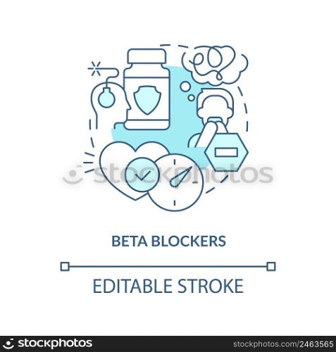 Beta blockers turquoise concept icon. Reduce physical symptoms. Phobia treatment abstract idea thin line illustration. Isolated outline drawing. Editable stroke. Arial, Myriad Pro-Bold fonts used. Beta blockers turquoise concept icon