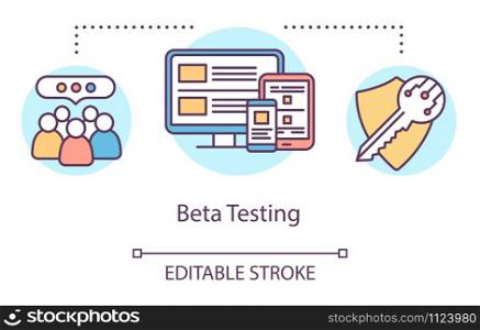 Beta testing concept icon. User verification idea thin line illustration. Software testing process. Indicating issues and problems. Vector isolated outline drawing. Editable stroke