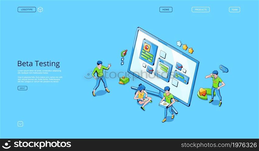 Beta testing isometric landing page. Functional software test, mobile application and website platform to search errors and bugs, dashboard usability optimization for pc, 3d vector line art web banner. Beta testing isometric landing, software test