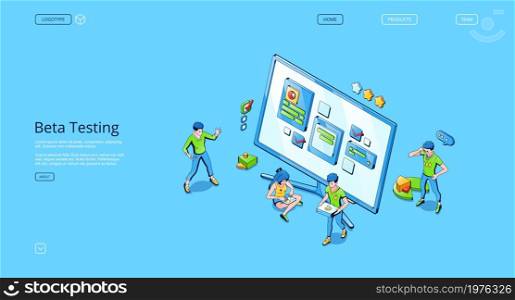 Beta testing isometric landing page. Functional software test, mobile application and website platform to search errors and bugs, dashboard usability optimization for pc, 3d vector line art web banner. Beta testing isometric landing, software test