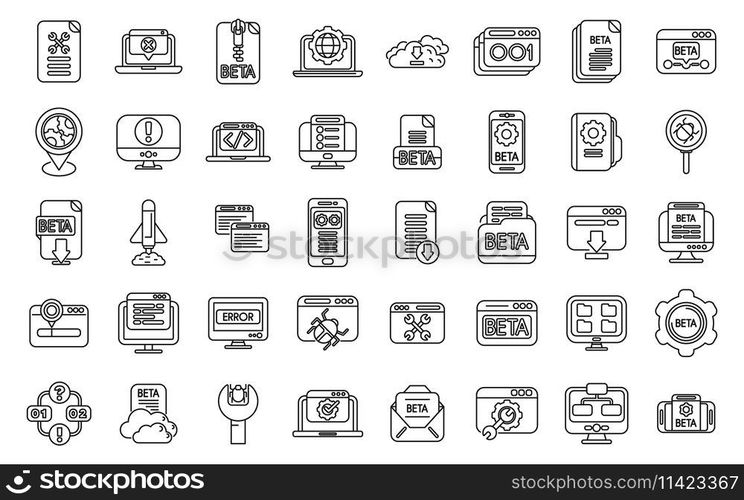 Beta version icons set outline vector. Build code bug. Coding app tester. Beta version icons set outline vector. Build code bug