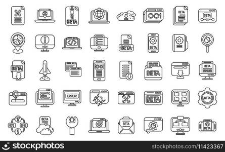 Beta version icons set outline vector. Build code bug. Coding app tester. Beta version icons set outline vector. Build code bug