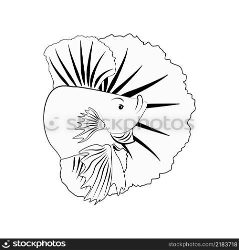 Betta fish or Siamese fighter, black and white hand drawn design in simp≤. Illustration isolated on white background, for art design, betta logo. coloring book pa≥and pr∫design.