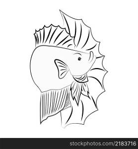 Betta fish or Siamese fighter, black and white hand drawn design in simple. Illustration isolated on white background, for art design, betta logo. coloring book page and print design.