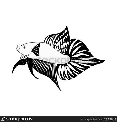 Betta fish or Siamese fighter of Thailand, black and white hand drawn design in simple. Illustration isolated on white background, for art design, betta logo. coloring book page and print design.
