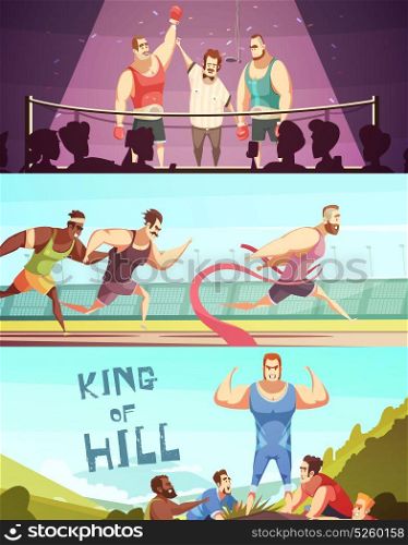 Better Faster Stronger Banners. Competition banners collection with doodle style human characters of barbed male athletes in triumph situations vector illustration