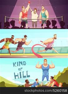 Better Faster Stronger Banners. Competition banners collection with doodle style human characters of barbed male athletes in triumph situations vector illustration