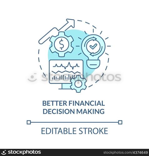 Better financial decision making turquoise concept icon. Sustainable business abstract idea thin line illustration. Isolated outline drawing. Editable stroke. Roboto-Medium, Myriad Pro-Bold fonts used. Better financial decision making turquoise concept icon