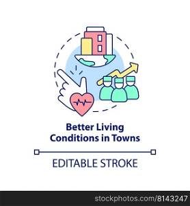 Better living conditions in towns concept icon. Improving healthcare access abstract idea thin line illustration. Isolated outline drawing. Editable stroke. Arial, Myriad Pro-Bold fonts used. Better living conditions in towns concept icon