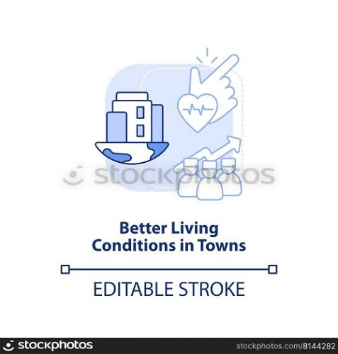 Better living conditions in towns light blue concept icon. Improve healthcare access abstract idea thin line illustration. Isolated outline drawing. Editable stroke. Arial, Myriad Pro-Bold fonts used. Better living conditions in towns light blue concept icon