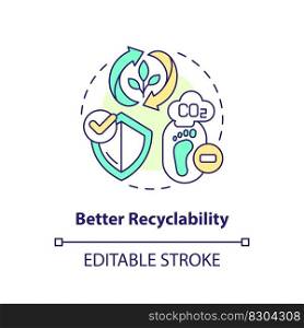 Better recyclability concept icon. Carbon footprint reduction. Bio based materials benefit idea thin line illustration. Isolated outline drawing. Editable stroke. Arial, Myriad Pro-Bold fonts used. Better recyclability concept icon