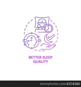 Better sleep quality purple gradient concept icon. Changing sleep pattern for wellbeing abstract idea thin line illustration. Isolated outline drawing. Roboto-Medium, Myriad Pro-Bold fonts used. Better sleep quality purple gradient concept icon
