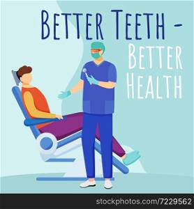 Better teeth better health social media post mockup. Dental quote. Dentistry. Advertising web banner template. Social media booster, content layout. Promotion poster, print ads with flat illustrations. Better teeth better health social media post mockup
