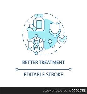 Better treatment turquoise concept icon. Delivering improved treatment for patients. Benefit of precision medicine abstract idea thin line illustration. Isolated outline drawing. Editable stroke. Better treatment turquoise concept icon
