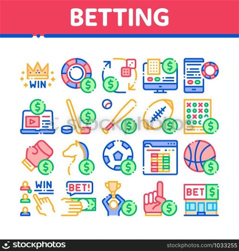 Betting And Gambling Collection Icons Set Vector Thin Line. Basketball And Baseball, Hockey And Boxing, Horse Racing And Card Game Betting Concept Linear Pictograms. Monochrome Contour Illustrations. Betting And Gambling Collection Icons Set Vector