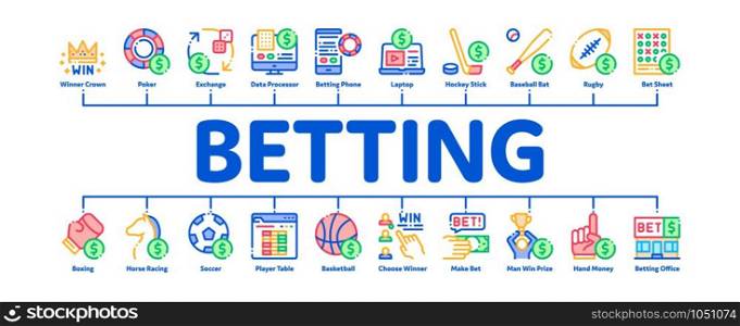 Betting And Gambling Minimal Infographic Web Banner Vector. Basketball And Baseball, Hockey And Boxing, Horse Racing And Card Game Betting Concept Linear Pictograms. Color Contour Illustrations. Betting And Gambling Minimal Infographic Banner Vector