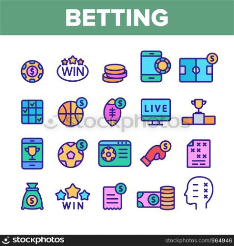 Betting Football Game Collection Vector Icons Set Thin Line. Casino Chip And Coin, Smartphone and Tv Monitor, Basketball And Box Betting Concept Linear Pictograms. Color Contour Illustrations. Betting Football Game Color Vector Icons Set