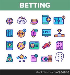 Betting Football Game Collection Vector Icons Set Thin Line. Casino Chip And Coin, Smartphone and Tv Monitor, Basketball And Box Betting Concept Linear Pictograms. Color Contour Illustrations. Betting Football Game Color Vector Icons Set