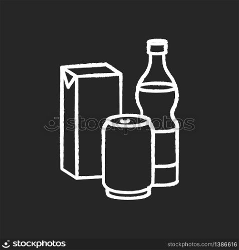 Beverage chalk white icon on black background. Sparkling water in glass bottle. Soda in aluminium can. Juice in cardboard box package. Various soft drinks. Isolated vector chalkboard illustration. Beverage chalk white icon on black background
