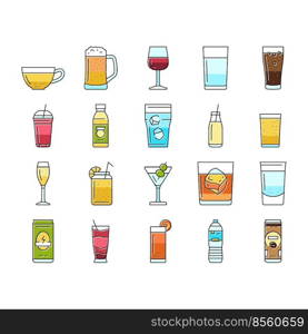 beverage drink juice fresh water icons set vector. ice tea, fruit ad splash, lemon glass soda, cold mint, cool bottle cup, liquid beverage drink juice fresh water color line illustrations. beverage drink juice fresh water icons set vector