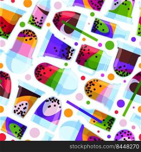 Beverage drinks pattern. Cold liquid bubble tea drinks with milk tapioca garish vector flat pictures seamless background. Illustration of cold drink beverage pattern. Beverage drinks pattern. Cold liquid bubble tea drinks with milk tapioca garish vector flat pictures seamless background