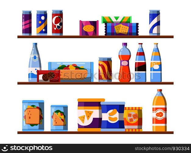 Beverage food on shelves. Fast food snacks biscuits and water standing on showcase vector merchandising concept flat illustrations. Food shelf, shop store supermarket. Beverage food on shelves. Fast food snacks biscuits and water standing on showcase vector merchandising concept flat illustrations