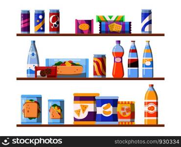 Beverage food on shelves. Fast food snacks biscuits and water standing on showcase vector merchandising concept flat illustrations. Food shelf, shop store supermarket. Beverage food on shelves. Fast food snacks biscuits and water standing on showcase vector merchandising concept flat illustrations
