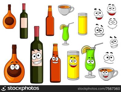 Beverage icons with a bottle of wine, tropical cocktail, liqueur, fruit juice, beer bottle and cup of coffee with happy cartoon smiling faces