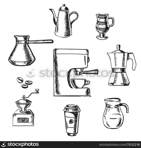 Beverage icons with grinder, kettle, pot, sugar, beans, cups and coffee maker around coffee machine. Sketch style. Beverage sketch icons around the coffee machine