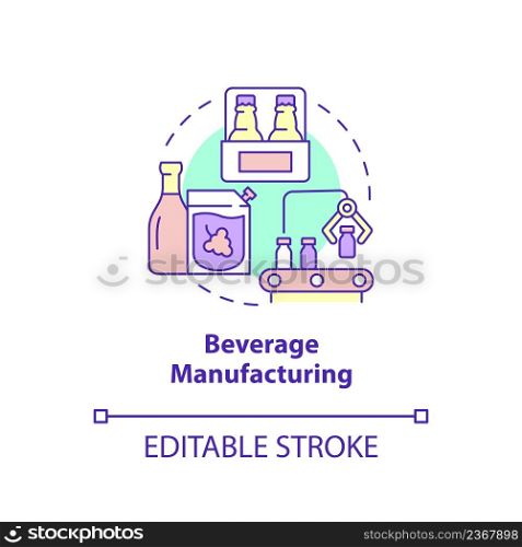 Beverage manufacturing concept icon. Soft drinks and alcohol. Business subsector abstract idea thin line illustration. Isolated outline drawing. Editable stroke. Arial, Myriad Pro-Bold fonts used. Beverage manufacturing concept icon