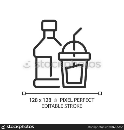Beverage pixel perfect linear icon. Soft drink. Glass bottle. Cocktail party. Restaurant menu. Product category. Thin line illustration. Contour symbol. Vector outline drawing. Editable stroke. Beverage pixel perfect linear icon