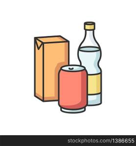 Beverage RGB color icon. Sparkling water in glass bottle. Soda in aluminium can. Juice in cardboard box package. Various soft drinks. Sweet and fizzy liquid in plastic. Isolated vector illustration. Beverage RGB color icon
