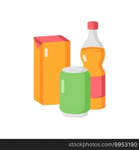 Beverage vector flat color icon. Sparkling water in glass bottle. Soda in aluminium can. Juice in package. Various soft drinks. Cartoon style clip art for mobile app. Isolated RGB illustration. Beverage vector flat color icon