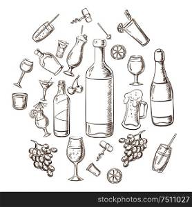 Beverages, alcohol, fruits, glasses and corkscrews sketches in a circle. For cafe and restaurant menu design. Beverages, alcohol drinks, fruits and glasses