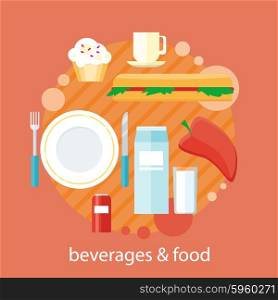 Beverages and food design flat. Drink and menu, glass and cup, coffee and dessert, lunch eat, cake and cream, tea and hamburger, burger fastfood illustration banner
