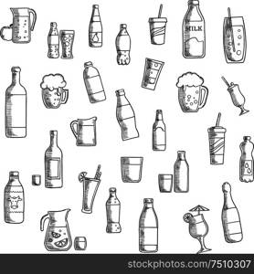 Beverages, cocktails and drinks flat icons of wine and beer, vodka and water, soda and juice, milk and champagne bottles, beer tankards and cocktail glasses, lemonade and milk jugs, takeaway paper cups. Beverages, cocktails and drinks sketched icons