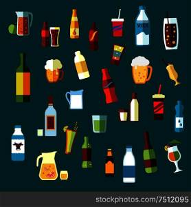 Beverages, cocktails and drinks flat icons of wine and beer, vodka and water, soda and juice, milk and champagne bottles, beer tankards and cocktail glasses, lemonade and milk jugs, takeaway paper cups. Beverages, cocktails and drinks flat icons