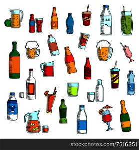 Beverages, cocktails and drinks sketch icons of takeaway paper cups, wine and beer, vodka and water, soda and juice, milk and champagne, beer tankards and cocktail glasses, lemonade and milk jugs. Beverages, cocktails and drinks sketches