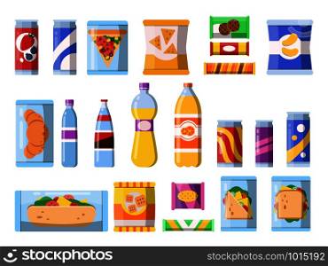 Beverages food. Plastic containers fastfood drinks and snacks candy biscuits chips vector flat illustrations isolated. Candy and beverage, sandwich and drink. Beverages food. Plastic containers fastfood drinks and snacks candy biscuits chips vector flat illustrations isolated