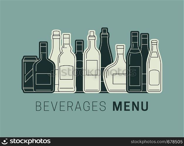 Beverages menu with bottles of alcoholic drinks. Template illustration of Alcohol drinks.. Beverages menu with bottles