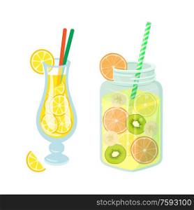 Beverages poured in glass and jar vector. Drinks served with straws to drink, containers with lemonade, lemon slices and kiwi, orange cut ripe fruits. Cocktails and Lemonade in Jar, Detoxing Drinks
