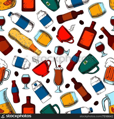 Beverages seamless pattern of coffee and tea cups, bottles and filled glasses of beer and soda, wine and whiskey, milk and cream packets, fresh lemonade and milk shake. Alcohol and nonalcoholic drinks pattern