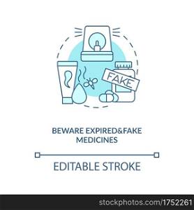 Beware expired and fake medicines concept icon. Online pharmacy idea thin line illustration. Drugs an pills. Buying medicine online tips. Vector isolated outline RGB color drawing. Editable stroke. Beware expired and fake medicines concept icon
