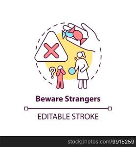 Beware strangers concept icon. Dangerous unknown person. Teach kid cautious behavior. Child safety idea thin line illustration. Vector isolated outline RGB color drawing. Editable stroke. Beware strangers concept icon