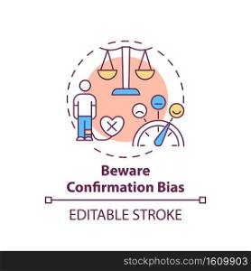 Bewaring confirmation bias concept icon. Fake news checking tip idea thin line illustration. Supporting prior beliefs and values. Vector isolated outline RGB color drawing. Editable stroke. Bewaring confirmation bias concept icon